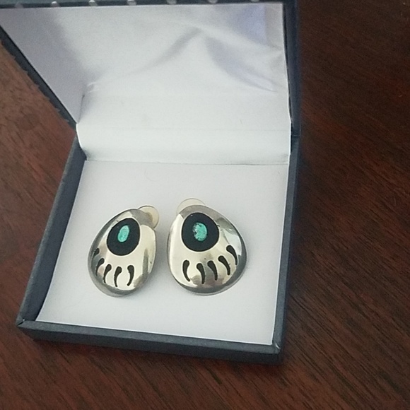BIG Navajo Sterling & Turquoise Bear Paw Earrings - Picture 8 of 13